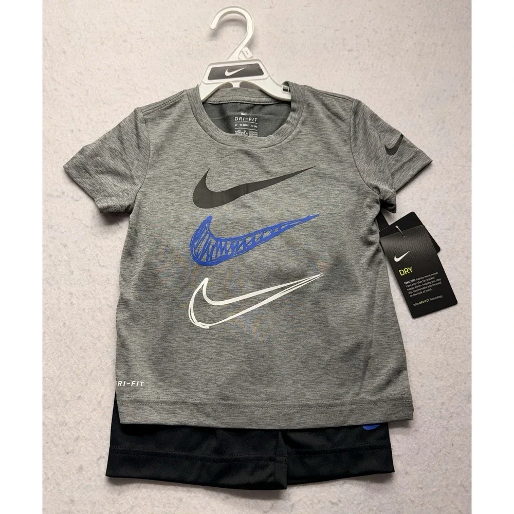 Nike Boys 3T Dri-FIT Triple Swoosh Graphic Tee & Shorts Activewear Outfit Set